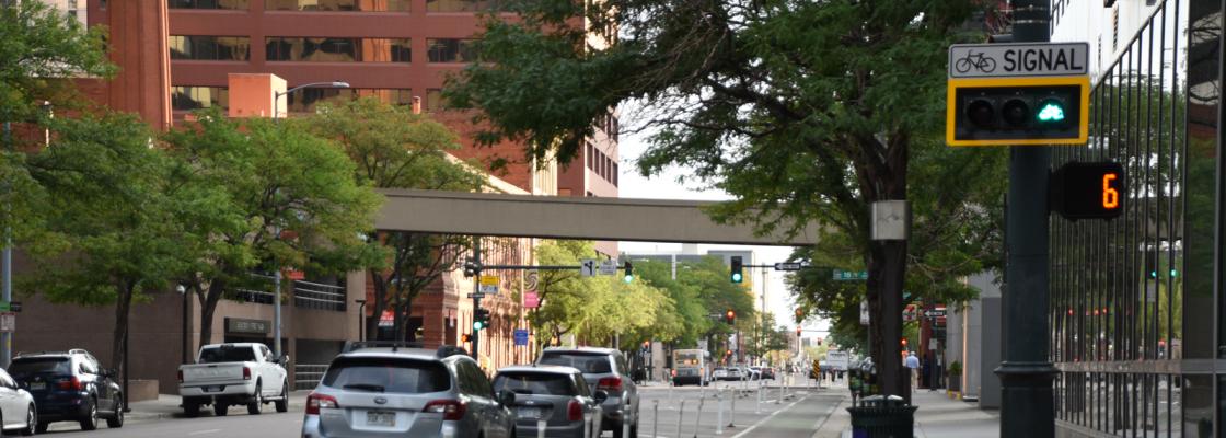 Cars parked on a city street next to a bike lane, with a bicycle traffic signal in the foreground.