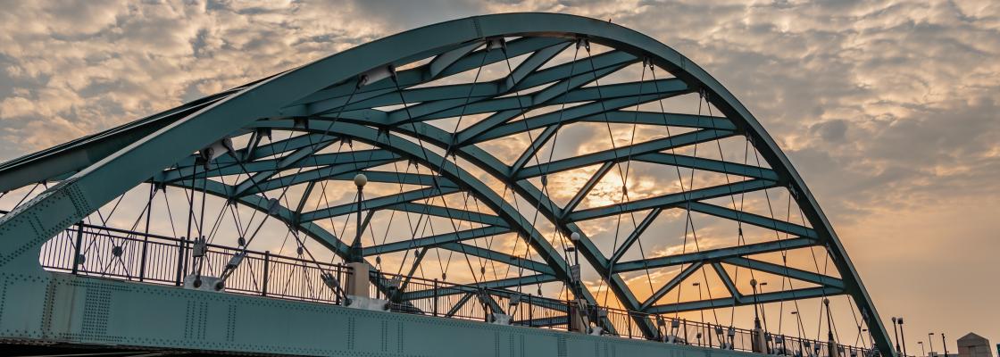 In Denver, Colorado, The famous Colfax Avenue bridge at Confluence Park, connecting the Highland and Lower Downtown neighborhoods.