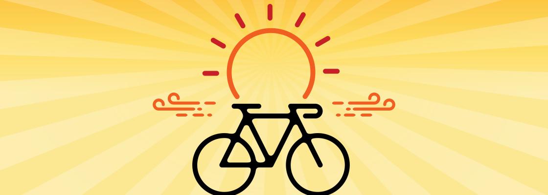 An icon depicts a bicycle beneath a radiant sun. Vibrant yellow and orange rays extend from the sun's center, symbolizing sunbeams. Lines on either side of the bicycle evoke a sense of motion.