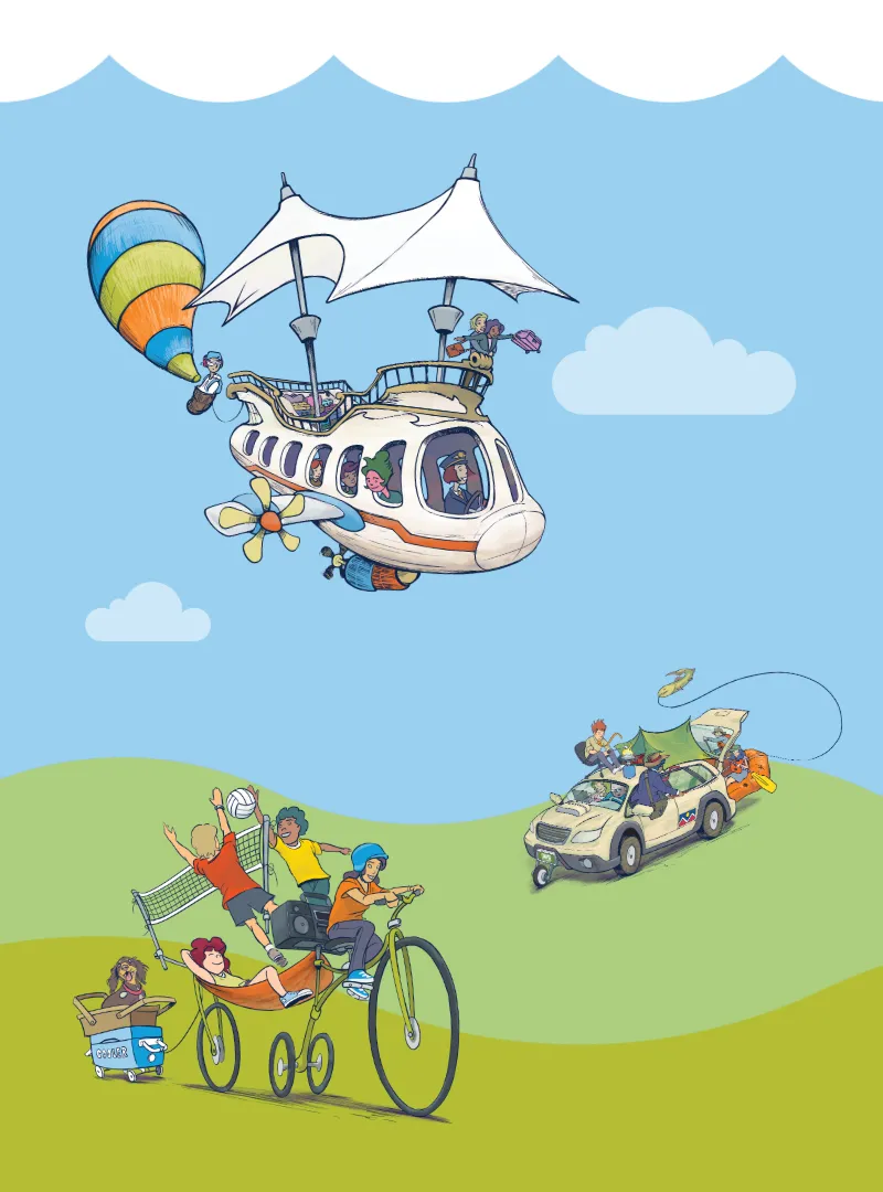 Imaginative illustration of shared transportation methods like a bike built for many, a carpool with zoo animals, and a flying airbus.